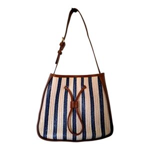 Woven Blue Striped Drawstring with Brown Faux Leather Purse